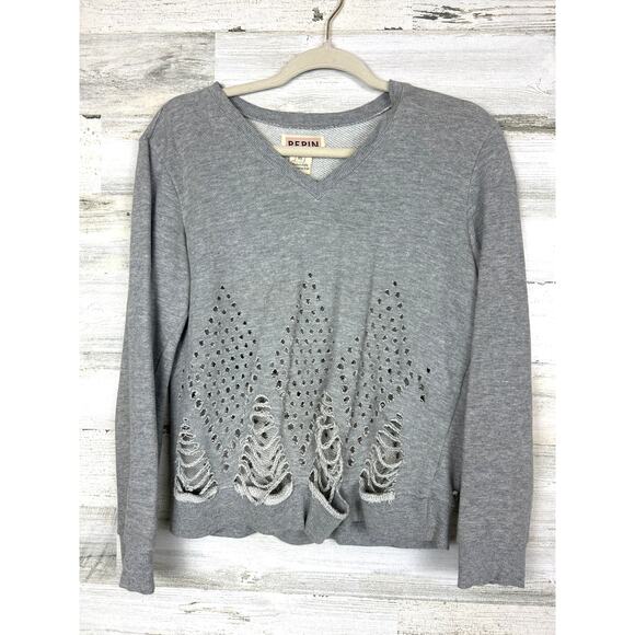 Pepin Women’s XS Gray Distressed Boho Cutout V-Neck Long Sleeve Sweatshirt - Picture 1 of 5